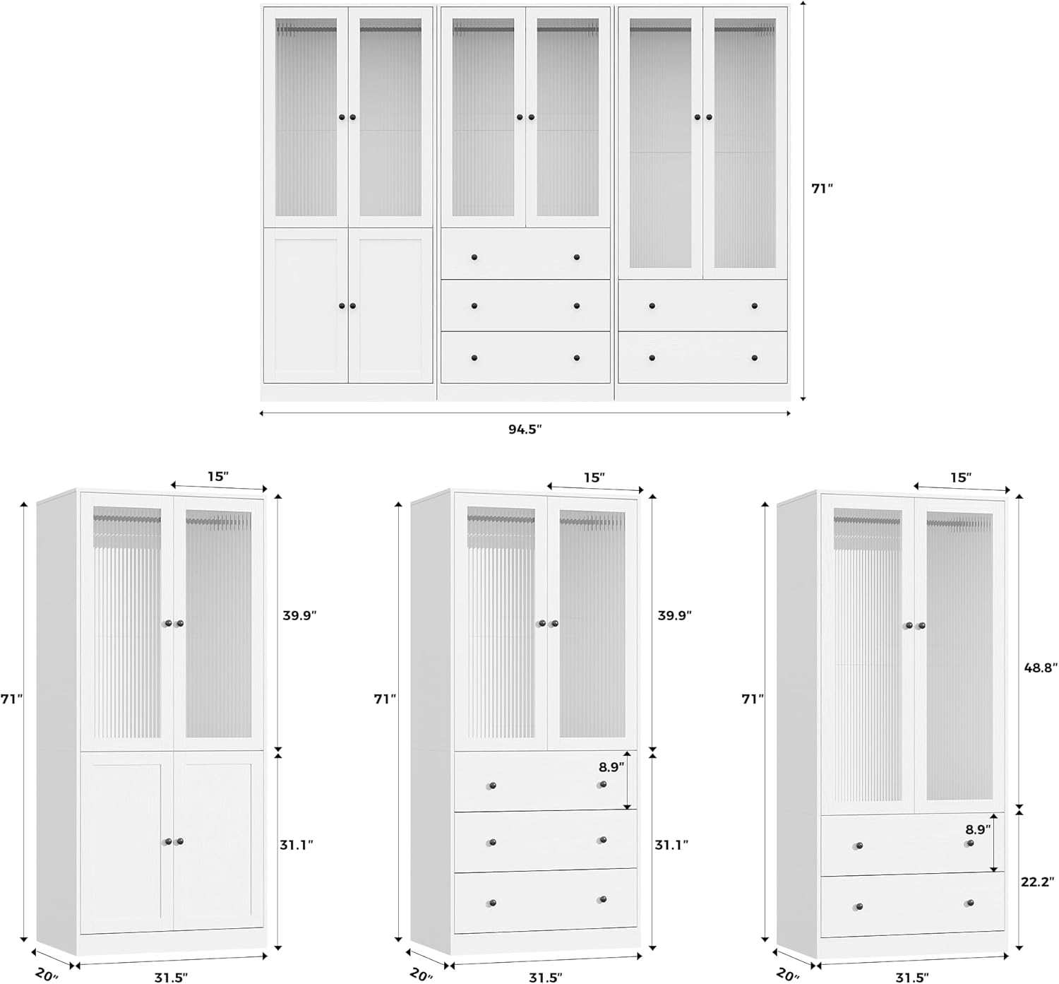 VOWNER 20“D Armoire Wardrobe Closet with Fluted Glass, 71 H Clothing Storage Cabinet with Hanging Rod, 4 Soft-Close Doors Wooden Wardrobe Cabinet for Bedroom, Large Capacity Storage White (AAC)