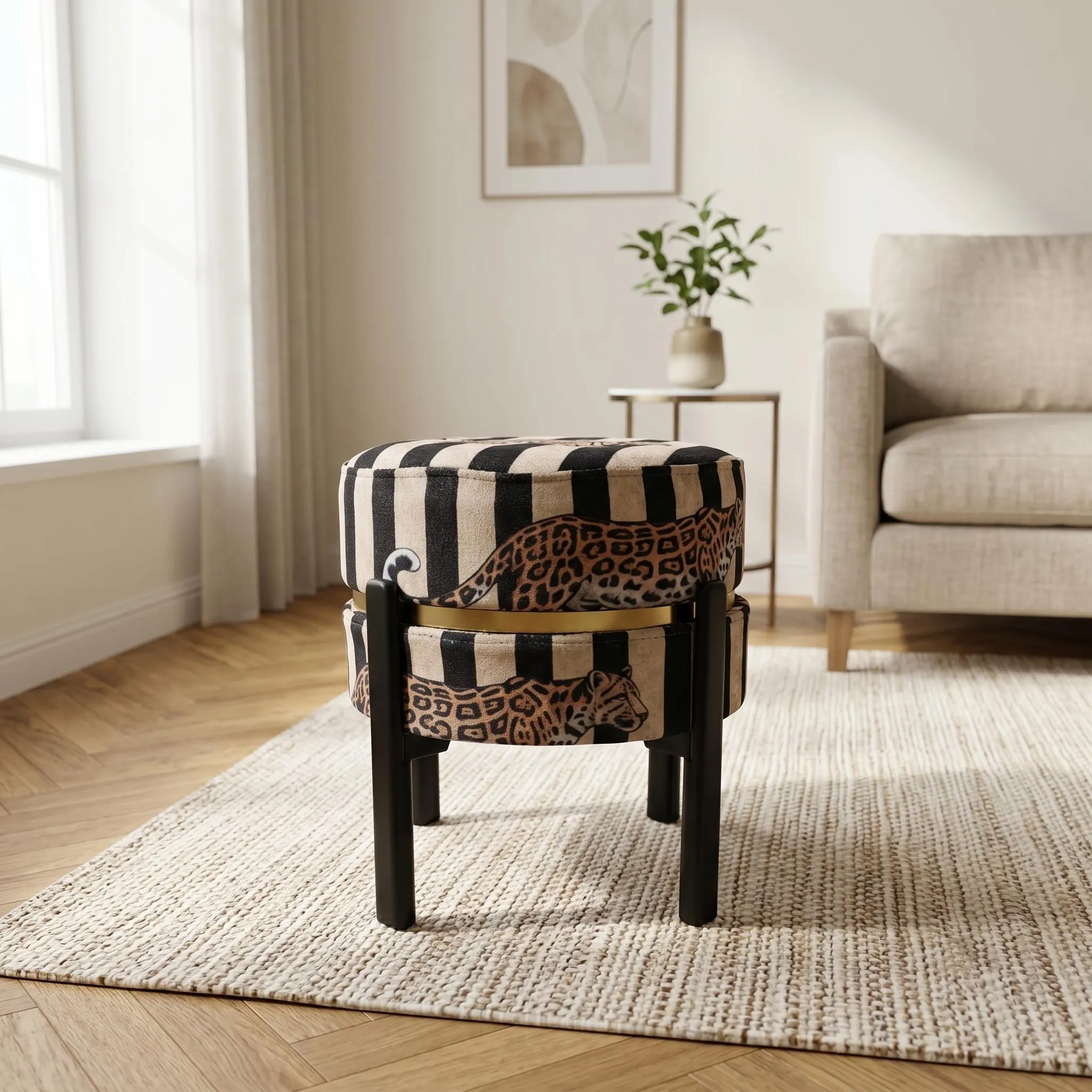 Exotic Leopard Stripe Reversible Pouf | Artistic Wood Side Table Ottoman RB 2135/2159