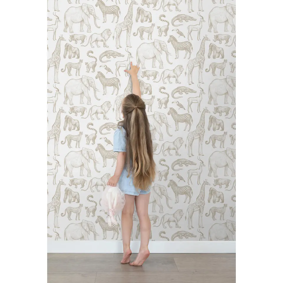 ESTAhome behang jungle dieren wit en beige - 53 cm x 10.05 m