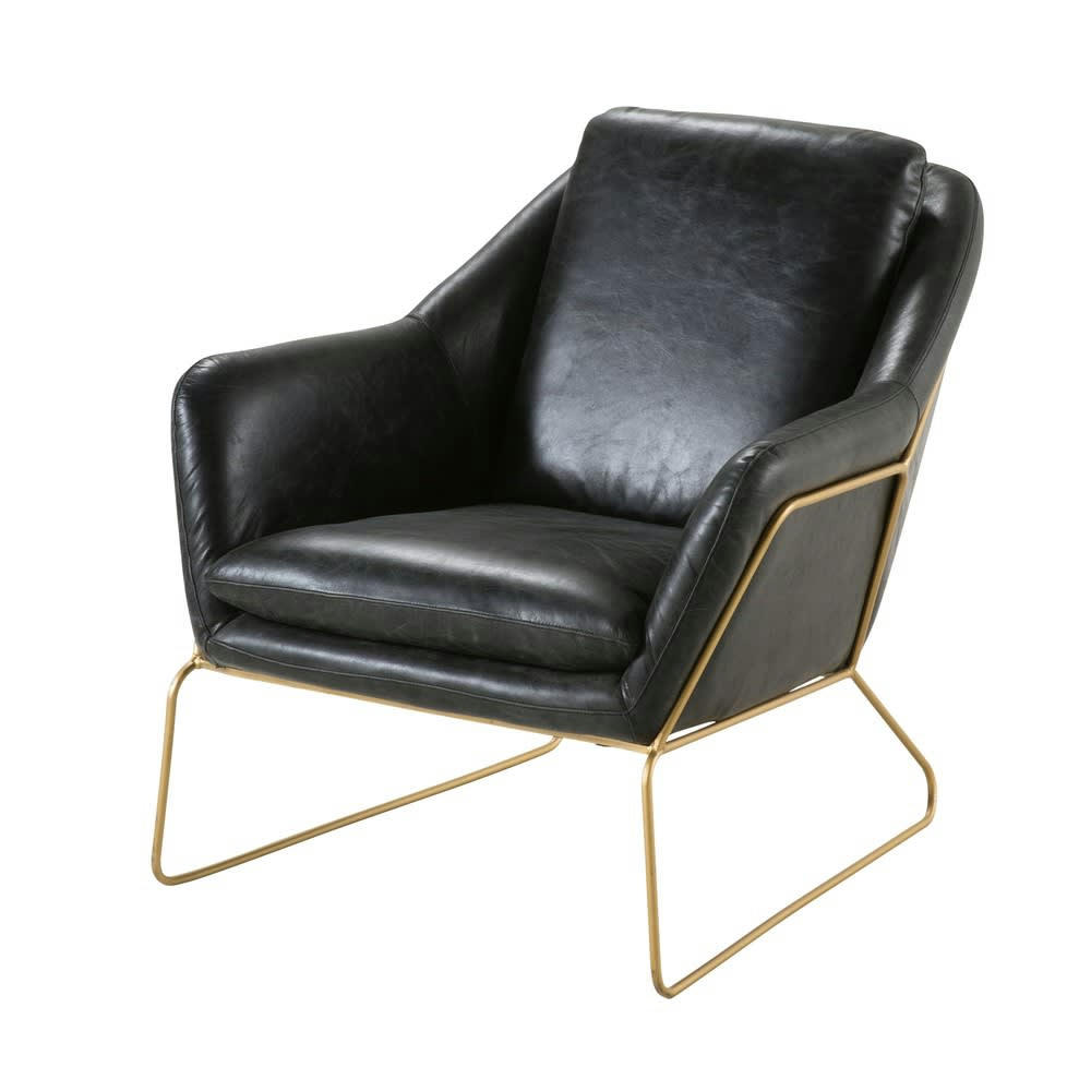 Majestic - Fauteuil en cuir noir vieilli et en métal laiton