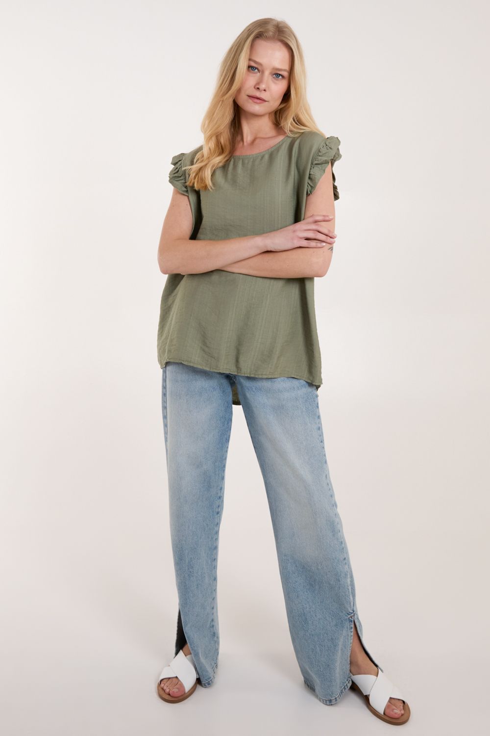 Blue Vanilla Button Back Frill Shoulder Top