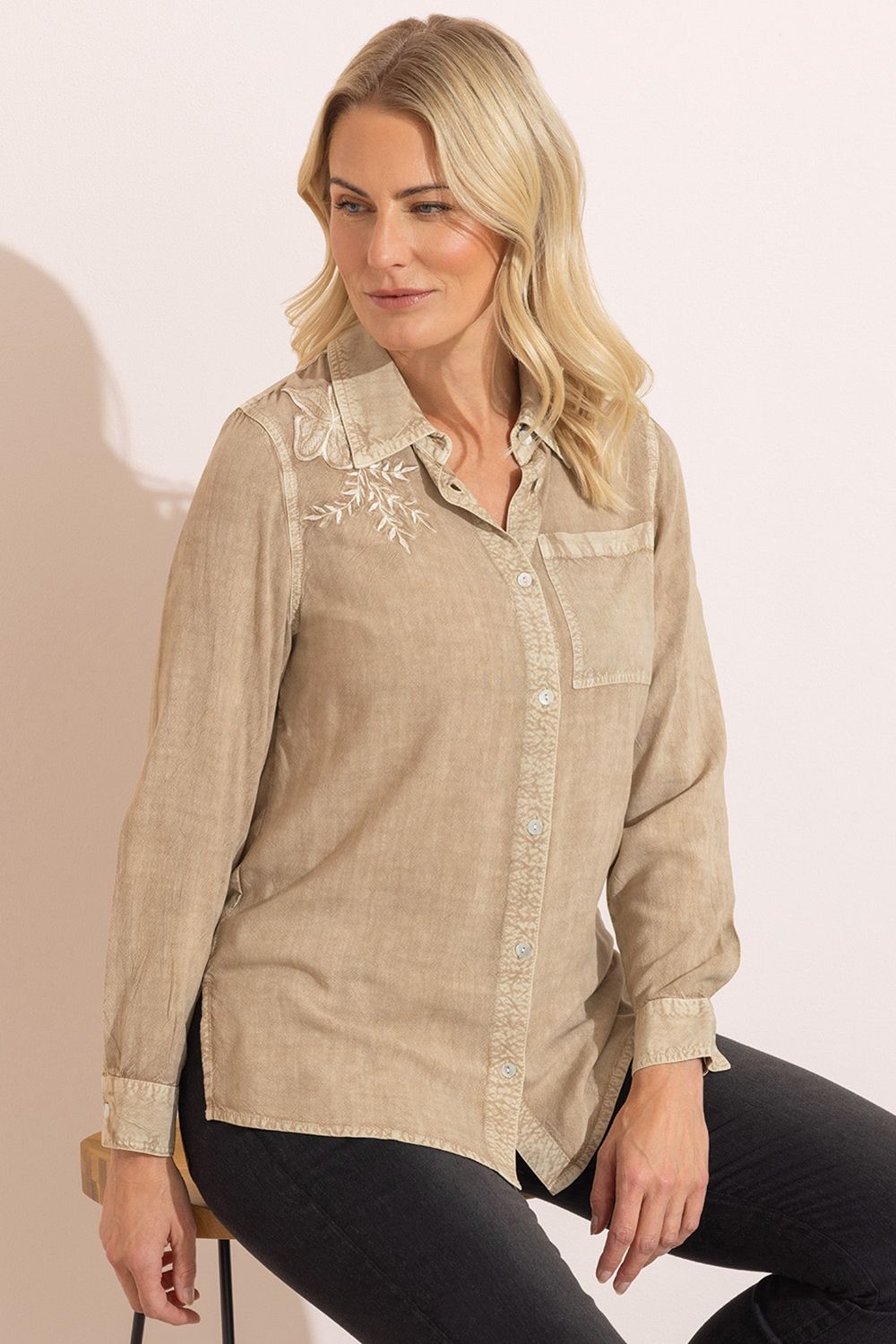 Klass. Embroidered Washed Long Sleeve Shirt