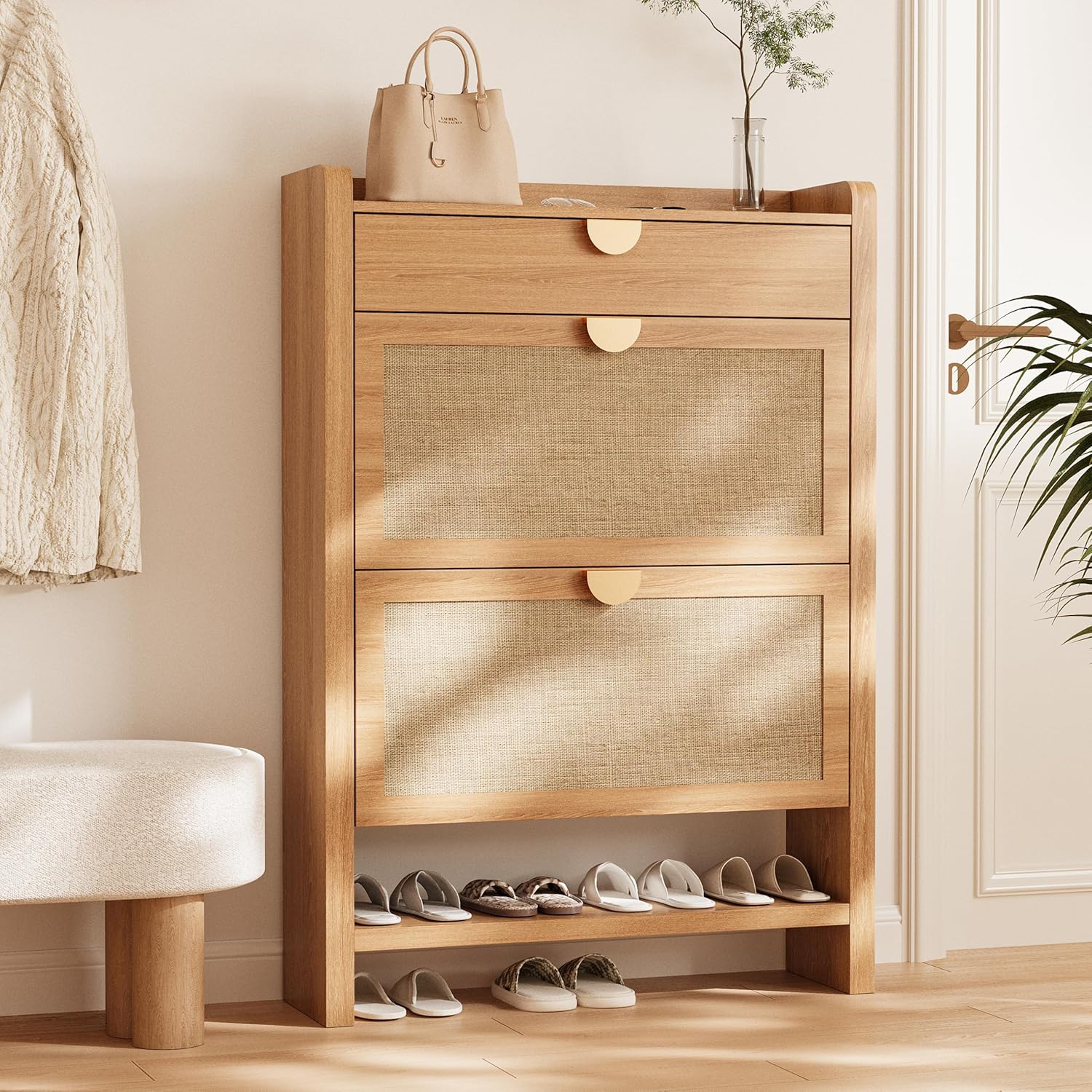 INNOD Rattan Shoe Storage Cabinet, Shoe Organizer with 2 Flip Drawers, Narrow Shoe Cabinet, Free Standing Hidden Shoe Storage, Shoe Rack for Entryway/Hallway/Closet, Natural Oak