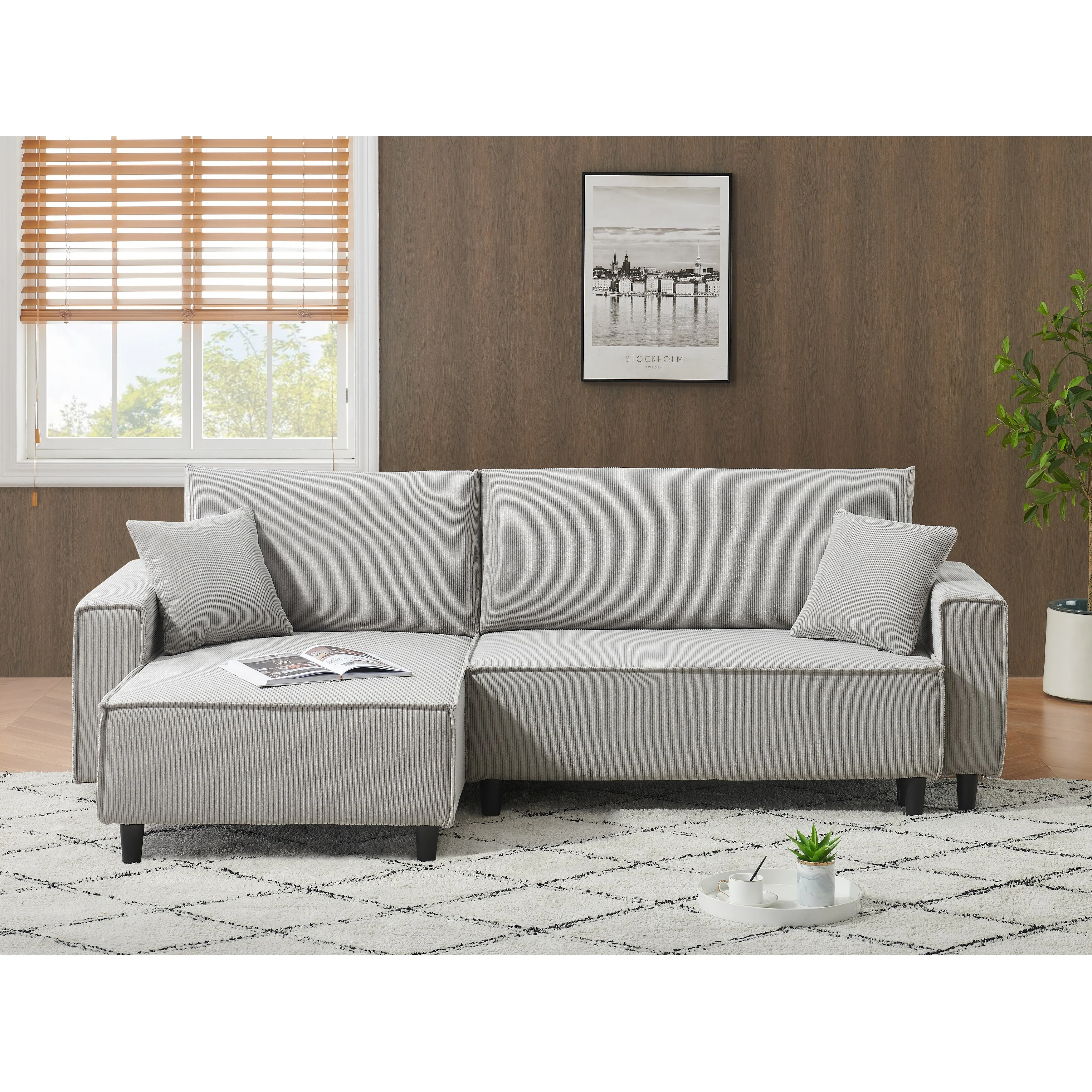 93'' Corduroy Convertible 3-Seater Sofa Bed with Adjustable Chaise, Two Pillows, and Storage - Space-Saving Design