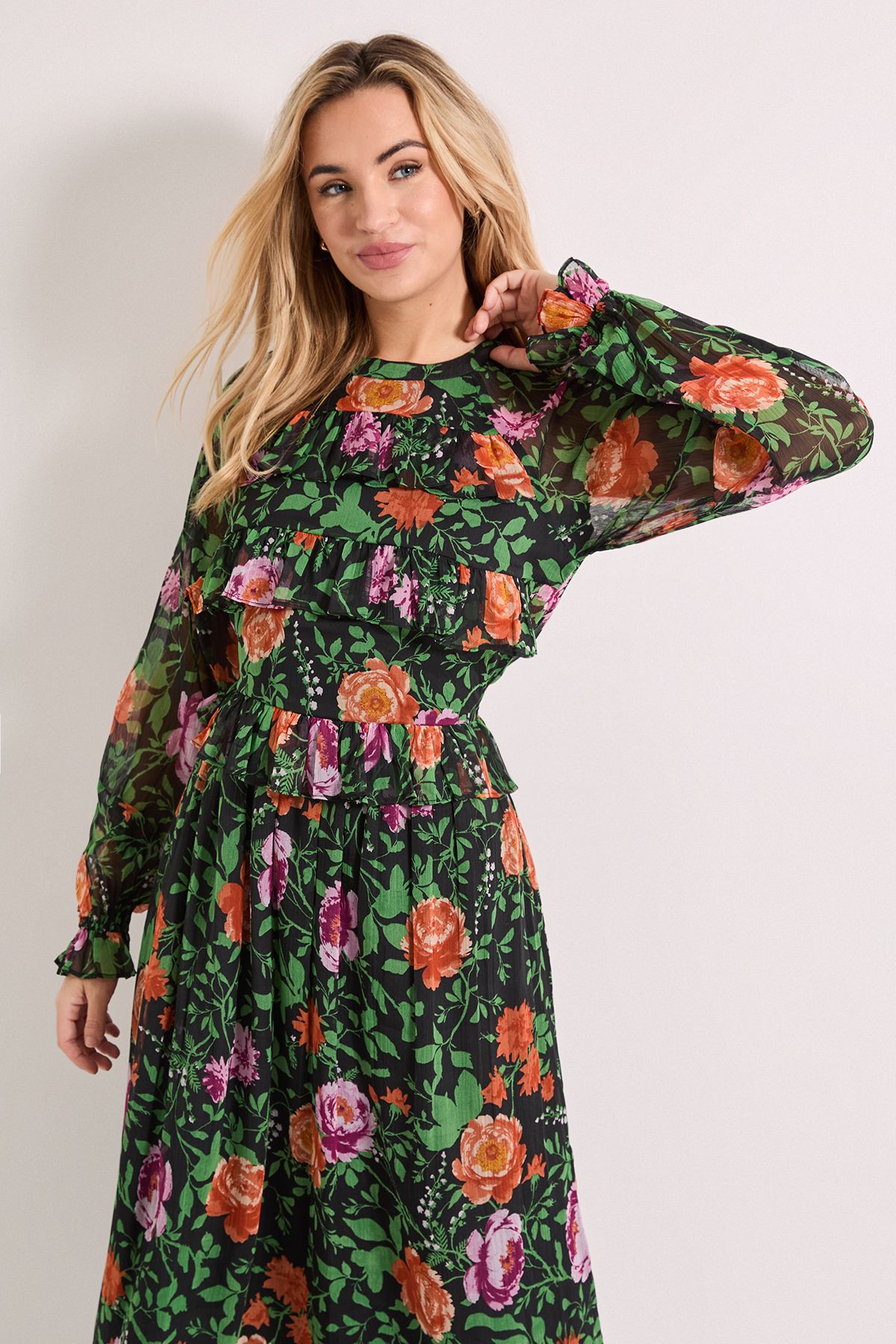 Dorothy Perkins High Neck Frill Detail Printed Chiffon Midi Dress