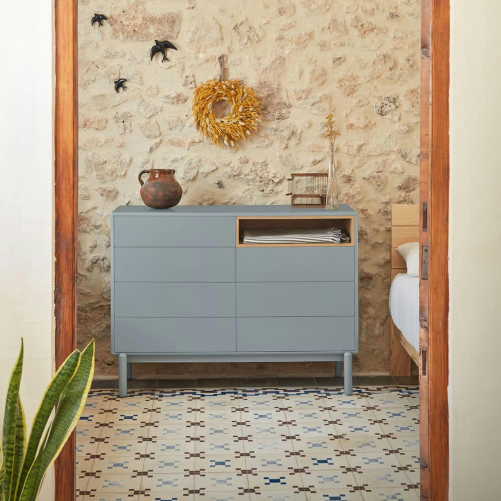 CORVO - Commode 7 tiroirs 1 niche en bois L120xH90cm gris clair