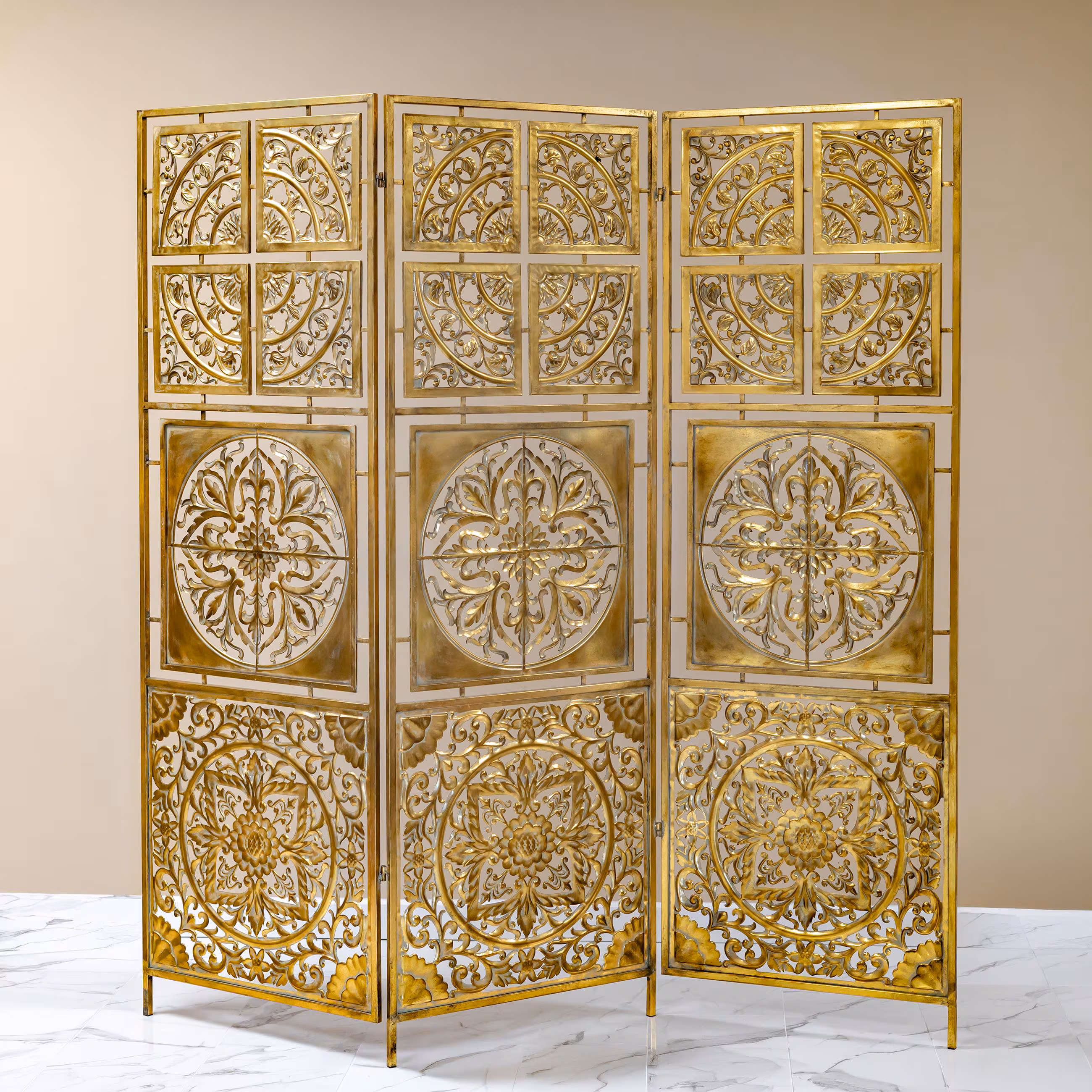 Three Panel Frosted Gold Folding Privacy Screen Decoration