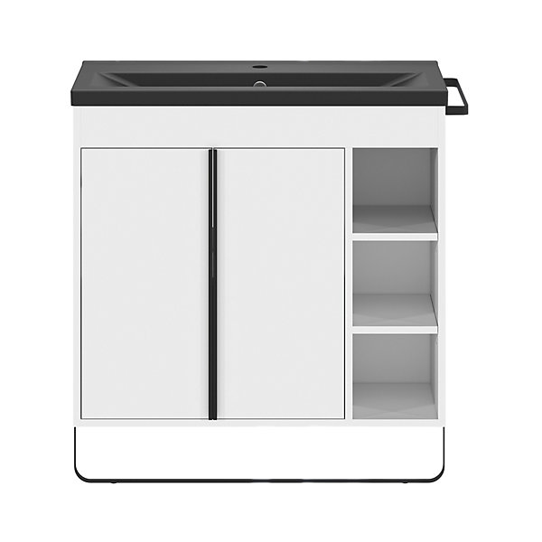 Meuble vasque faible profondeur blanc avec porte-serviettes l.85 x H.82 x P.36 cm Maza   plan vasque céramique noir Nira, GoodHome