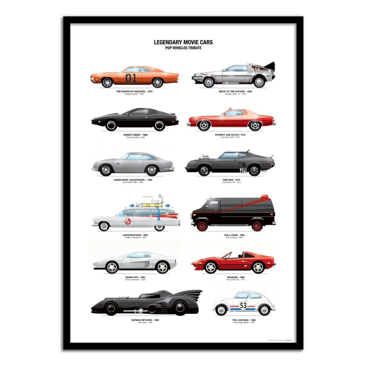 OLIVIER BOURDEREAU - LEGENDARY MOVIE CARS - Affiche d'art 30 x 40 cm