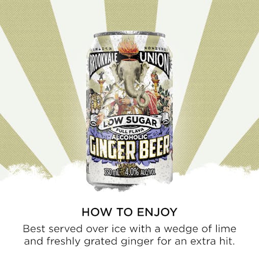 Brookvale Union Low Sugar Alcoholic Ginger Beer, Spicy & Smooth Finish, 4% ABV, 330mL (Case of 24 Cans)