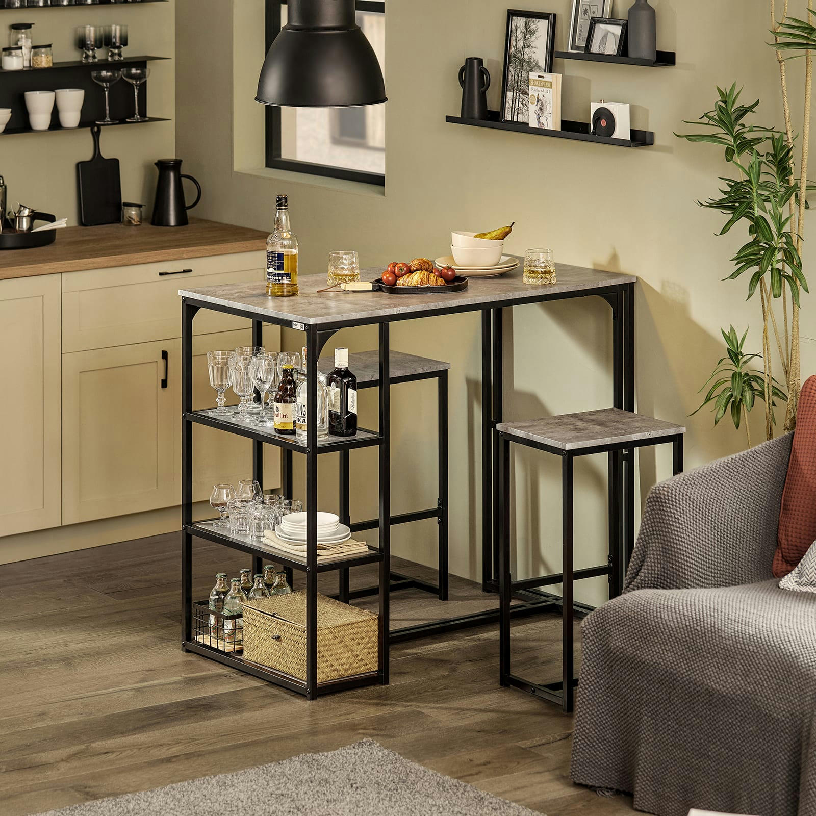 - Set de 1 table et 2 chaises de bar effet bois et métal noir