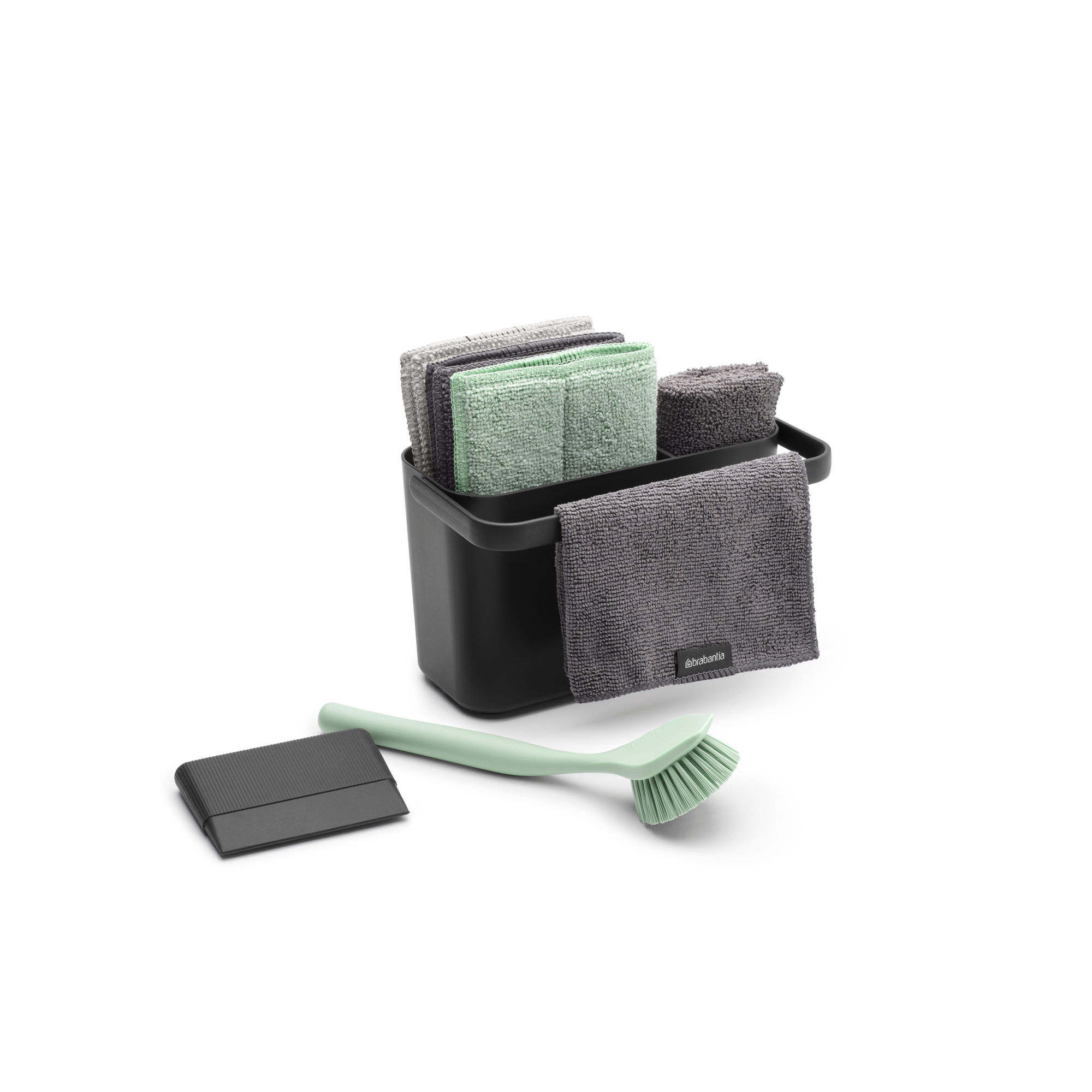 Brabantia SinkSide Schoonmaakset: schoonmaakbakje, bordenschraper, afwasborstel, microvezel sponsdoekjes en schoonmaakdoekjes - Dark Grey
