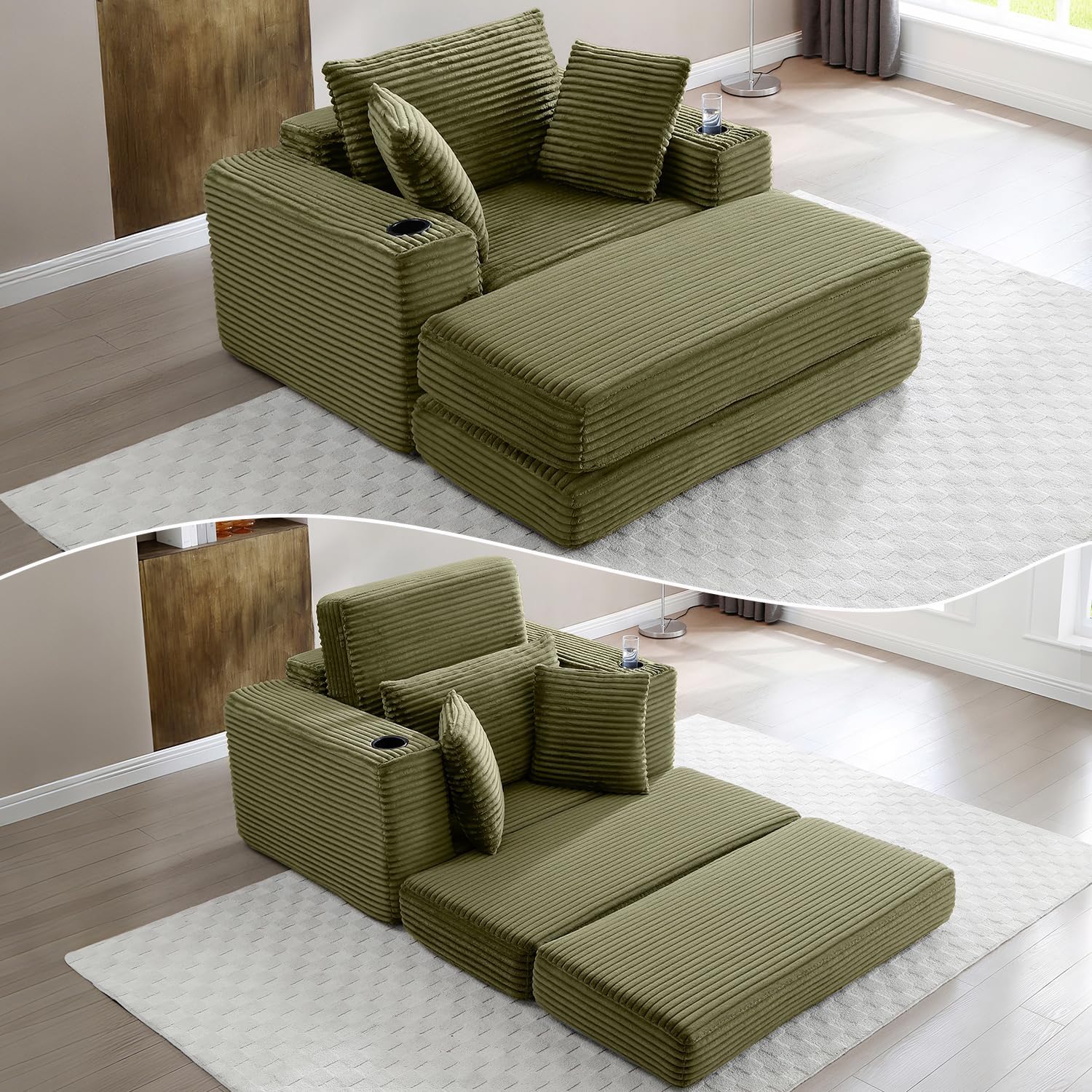 HANXIN 62 Chaise Lounge Chair Indoor, Oversized Corduroy Boneless Convertible Chaise Lounge Couch Sleeper Chair with Ottoman, Deep Seat Reading Chair, No Assembly Required (Green)