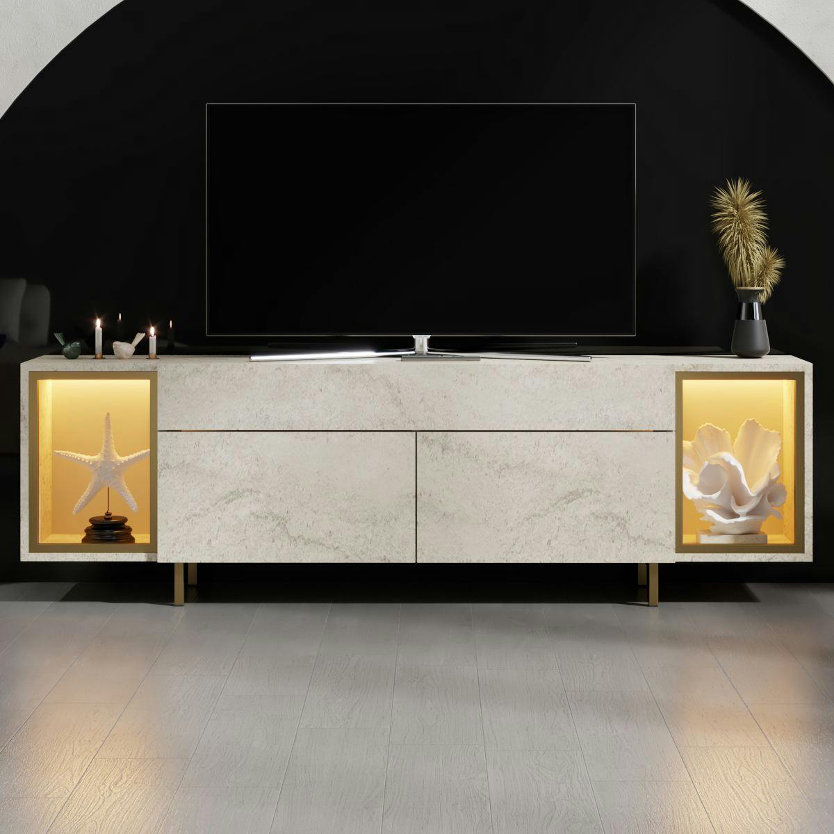 Meuble TV décor travertin et doré 2 portes 2 niches LED AURA