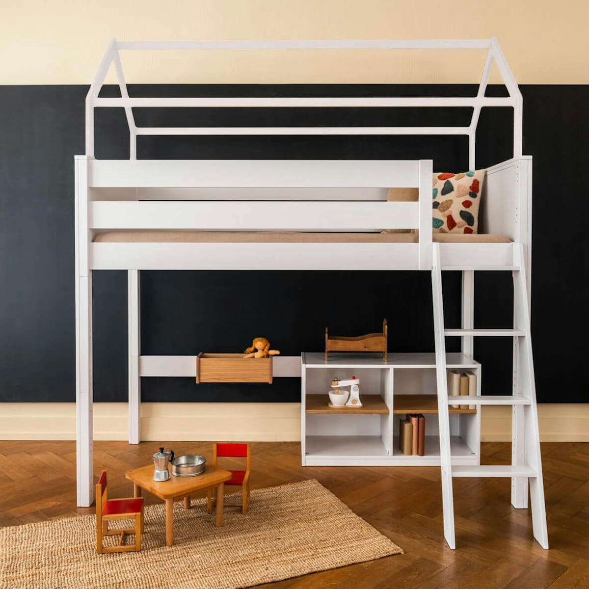 KASVA - Lit mezzanine cabane hêtre laqué blanc