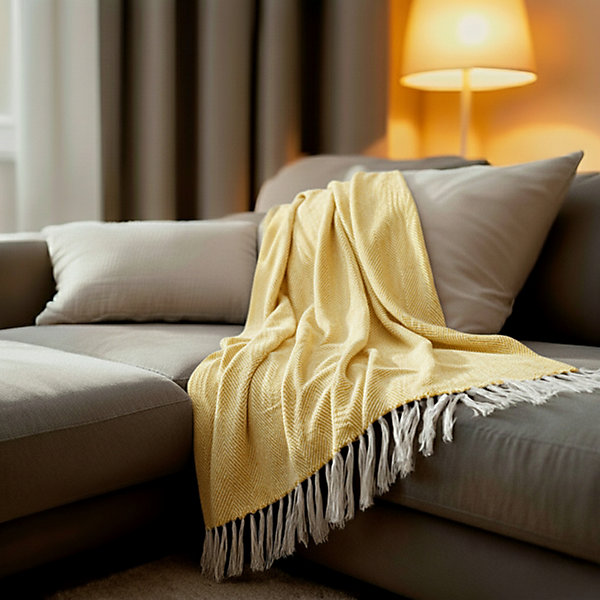 Couverture plaid 100% coton jaune avec franges 180x220cm ZIGORA - SACASA