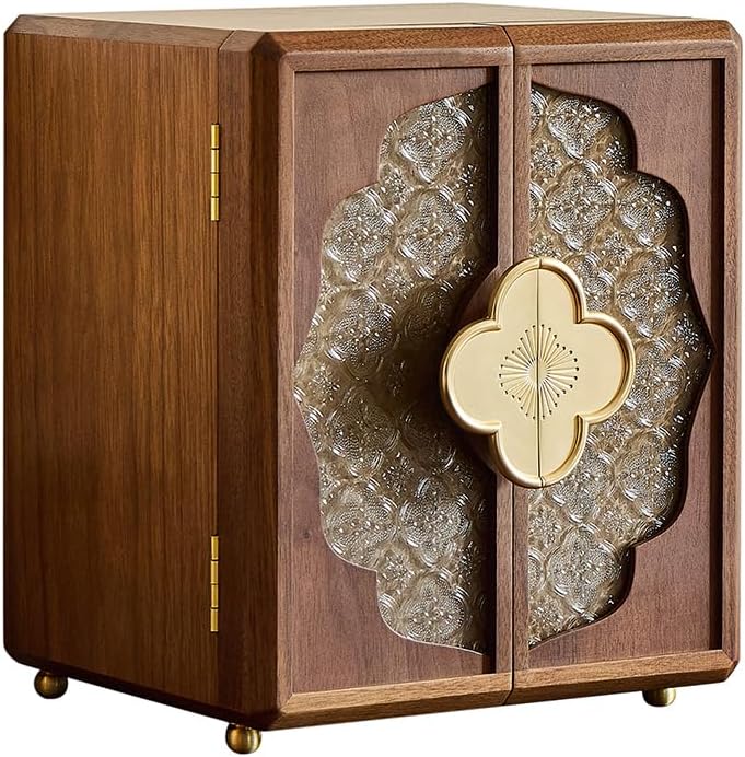 Double Door Jewelry Box - Black Walnut Wood, Velvet Lining, Gold Handle, Magnetic Closure, Handmade Storage Gifts for Mom, Mothers Day | 5-Layer
