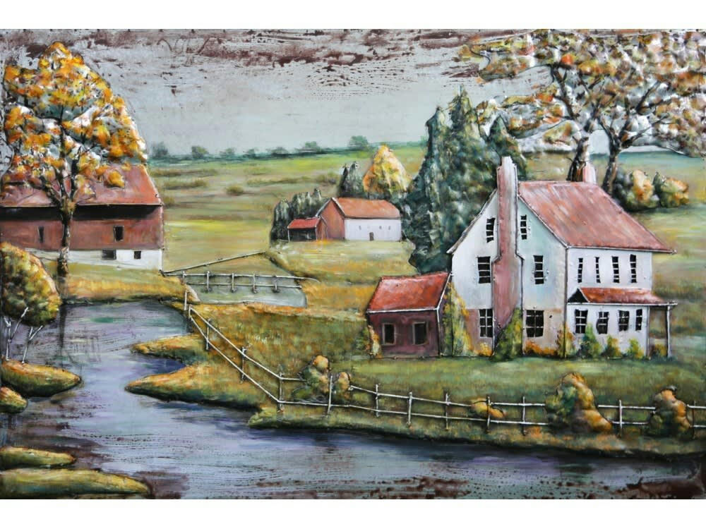 MÉTAL BRASS - Tableau relief en métal maison et ferme 80x60