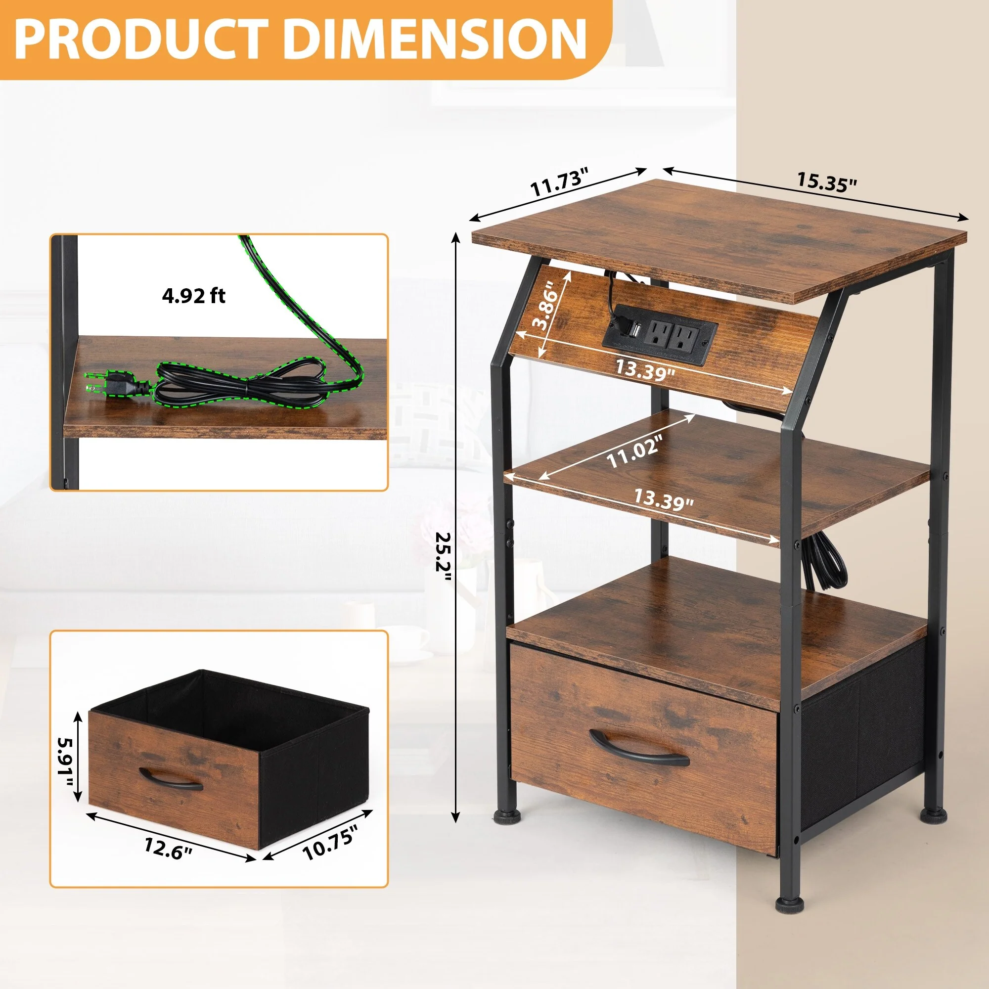Set Of 2 Night Stand, Wooden Bedside Table With Shelves, Drawers, Charging Station And 26 Colors Led Light Strip