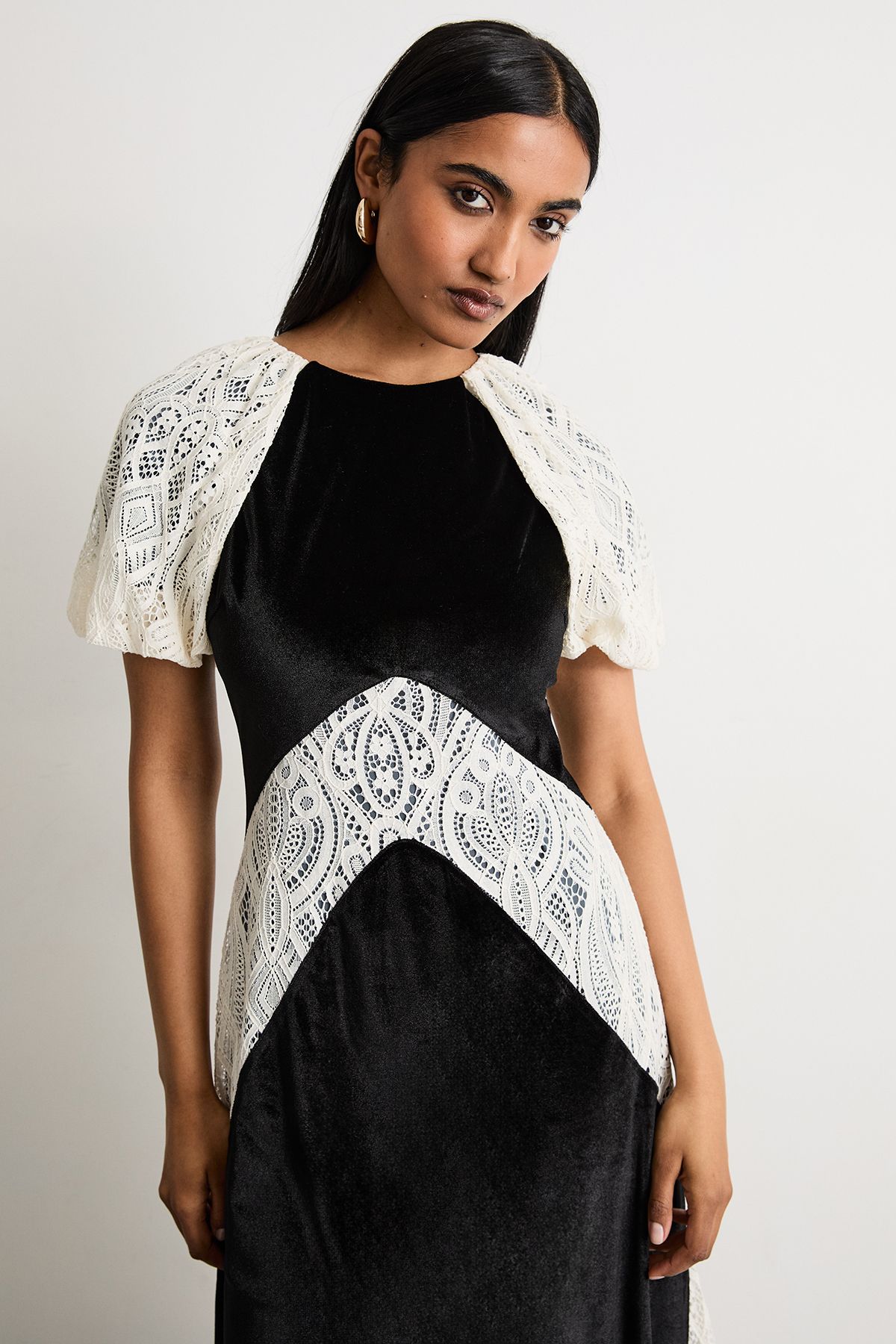 Warehouse Velvet Lace Panelled Midi Tea Dress