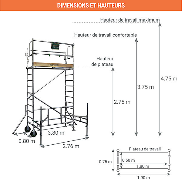 Echafaudage paysagiste - Hauteur de travail max. 4.75m - Longueur plateau 1,90m - 19.064