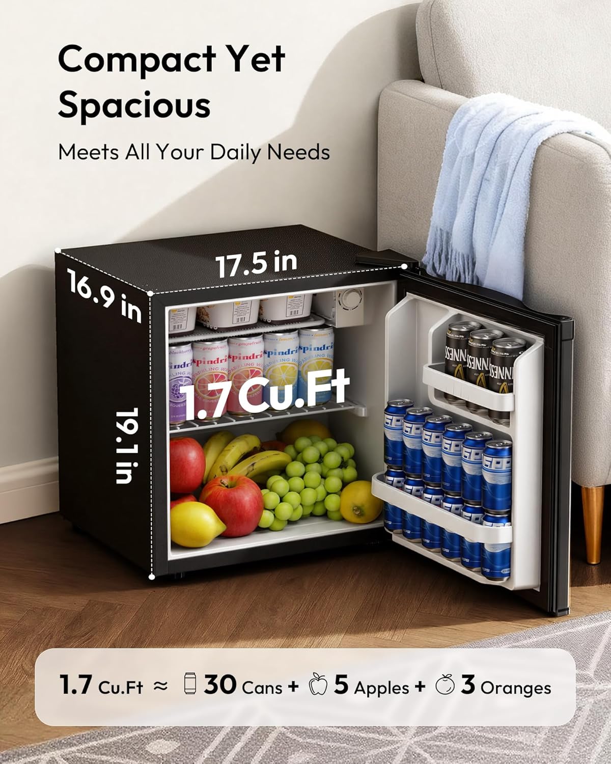 EUHOMY 1.7 Cu.Ft Mini Fridge, Reversible Single Door Compact Refrigerator, Adjustable Thermostat, Energy Saving, Mini Fridge for Bedroom, Office, Dorm, Black