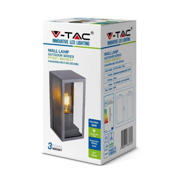 Kinkiet zewnętrznyczarny 837 1xE27x60W IP44 V-TAC