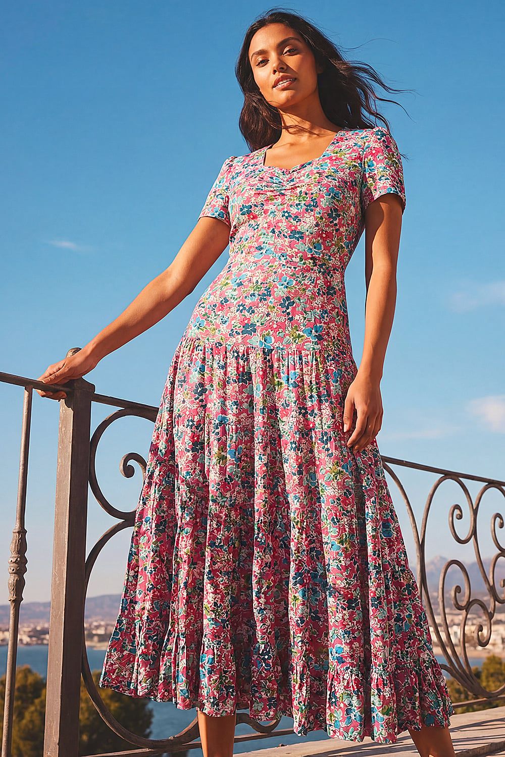 Roman Floral Ruched Midi Dress