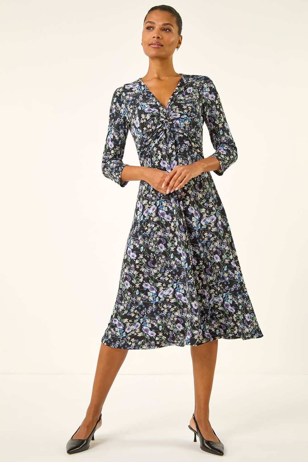 Roman Floral Twisted Front Stretch Midi Dress