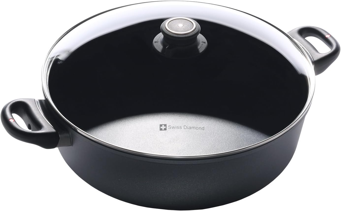 Swiss Diamond Braiser Pan with Lid, Features Double Handles, Nonstick Diamond Coated Braising Pan with Lid Oven Safe & Dishwasher Safe, 12.5, 7.2 Quart, Grey