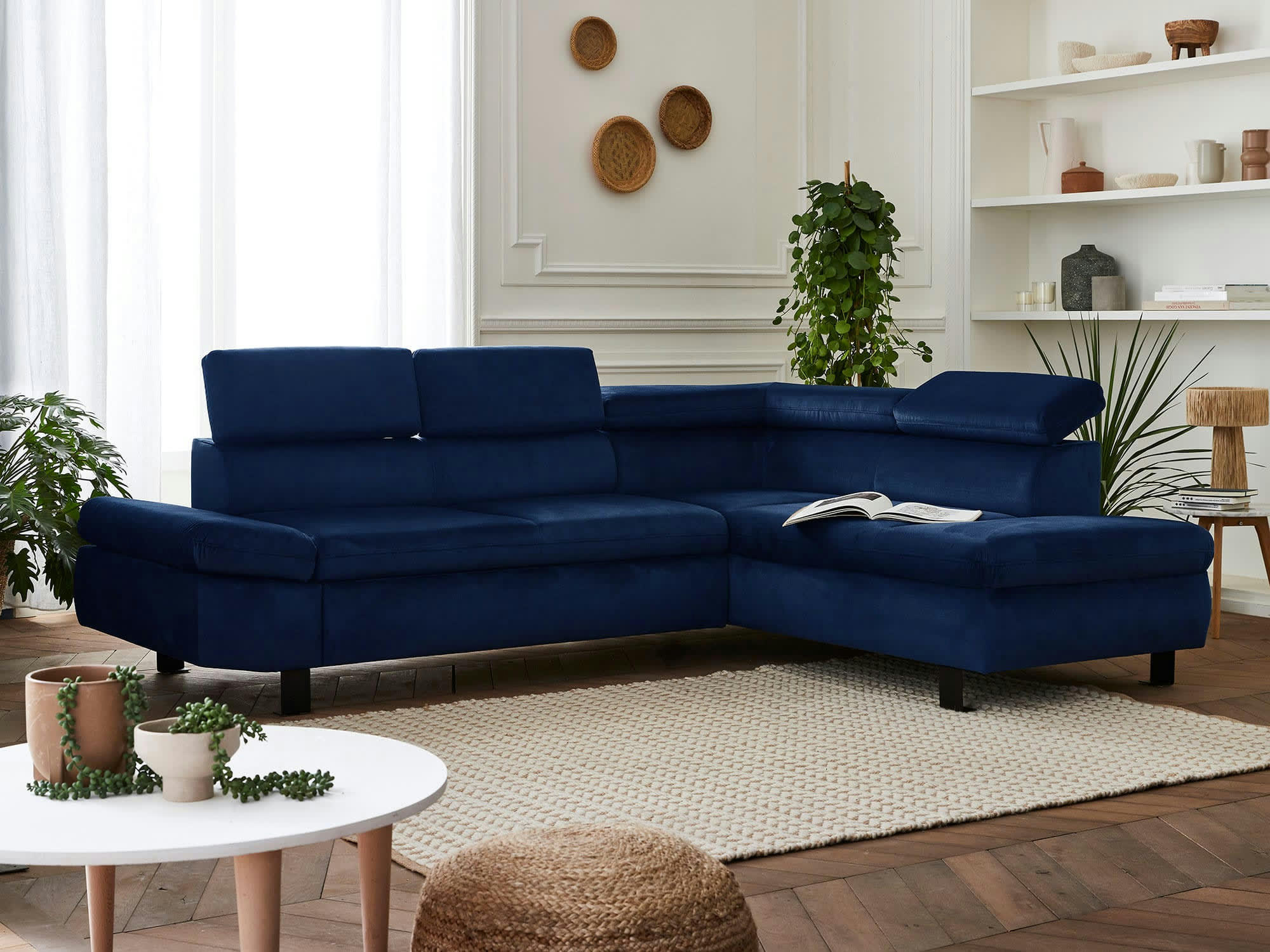 NAIROBI - Canapé d'angle droit convertible 5 places en velours bleu nuit