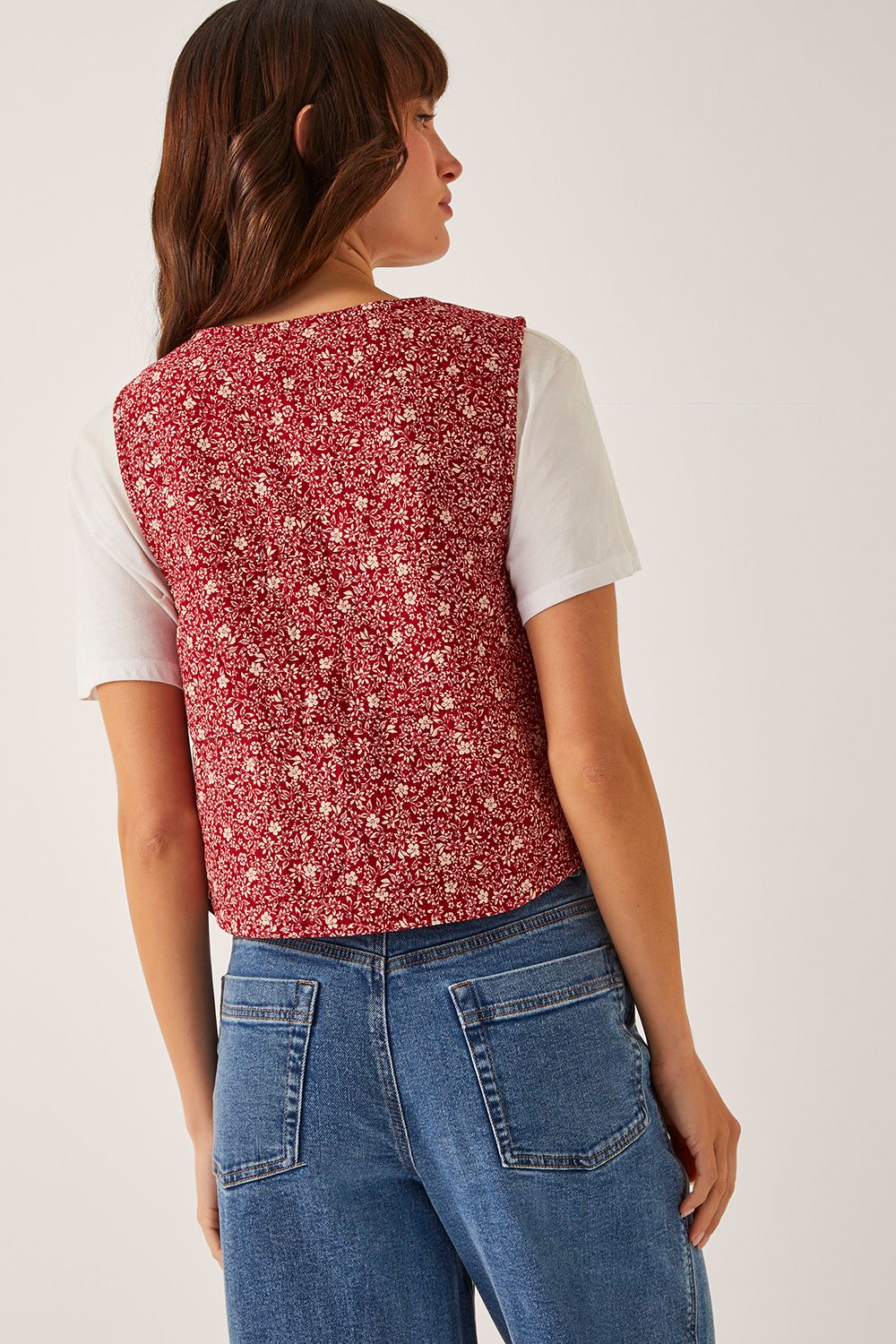 Monsoon Felipa Floral Print Waistcoat Red
