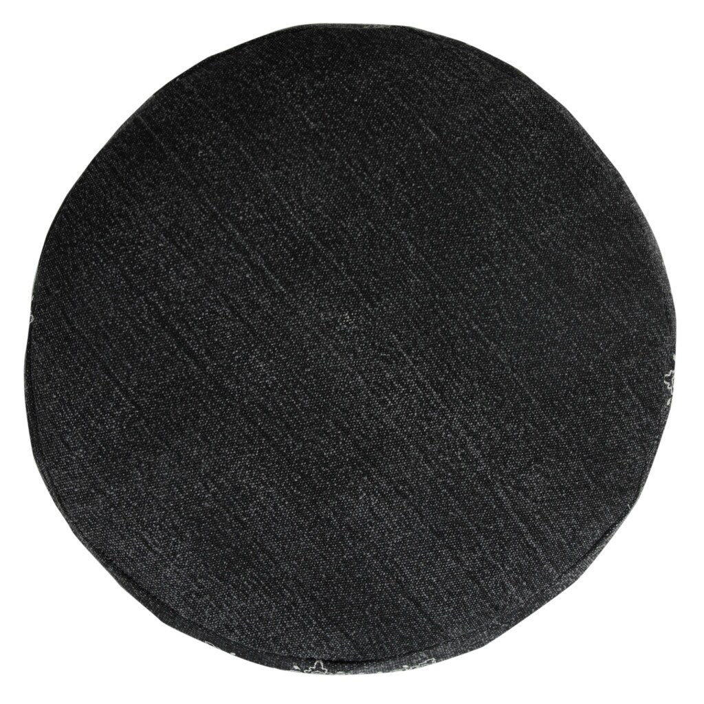 18 Inch Black Cotton Pouf Ottoman with Floral Medallion Pattern