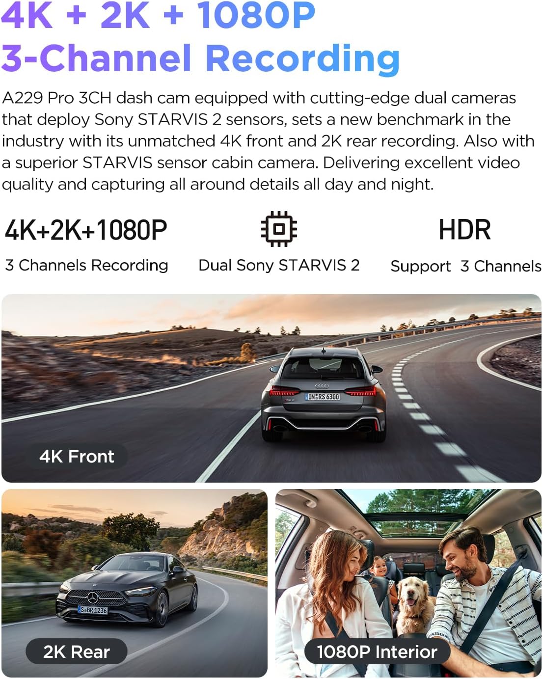 VIOFO A229 Pro 3 Channel 4K HDR Dash Cam  Dual STARVIS 2 Sensors IMX678 & IMX675  4K+2K+1080P Front Inside and Rear Triple Car Camera  5GHz WiFi GPS  Voice Control  24H Parking Mode