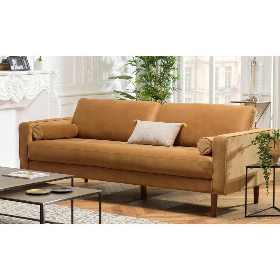 NOE - Canapé 3 places tissu velours camel pieds bois