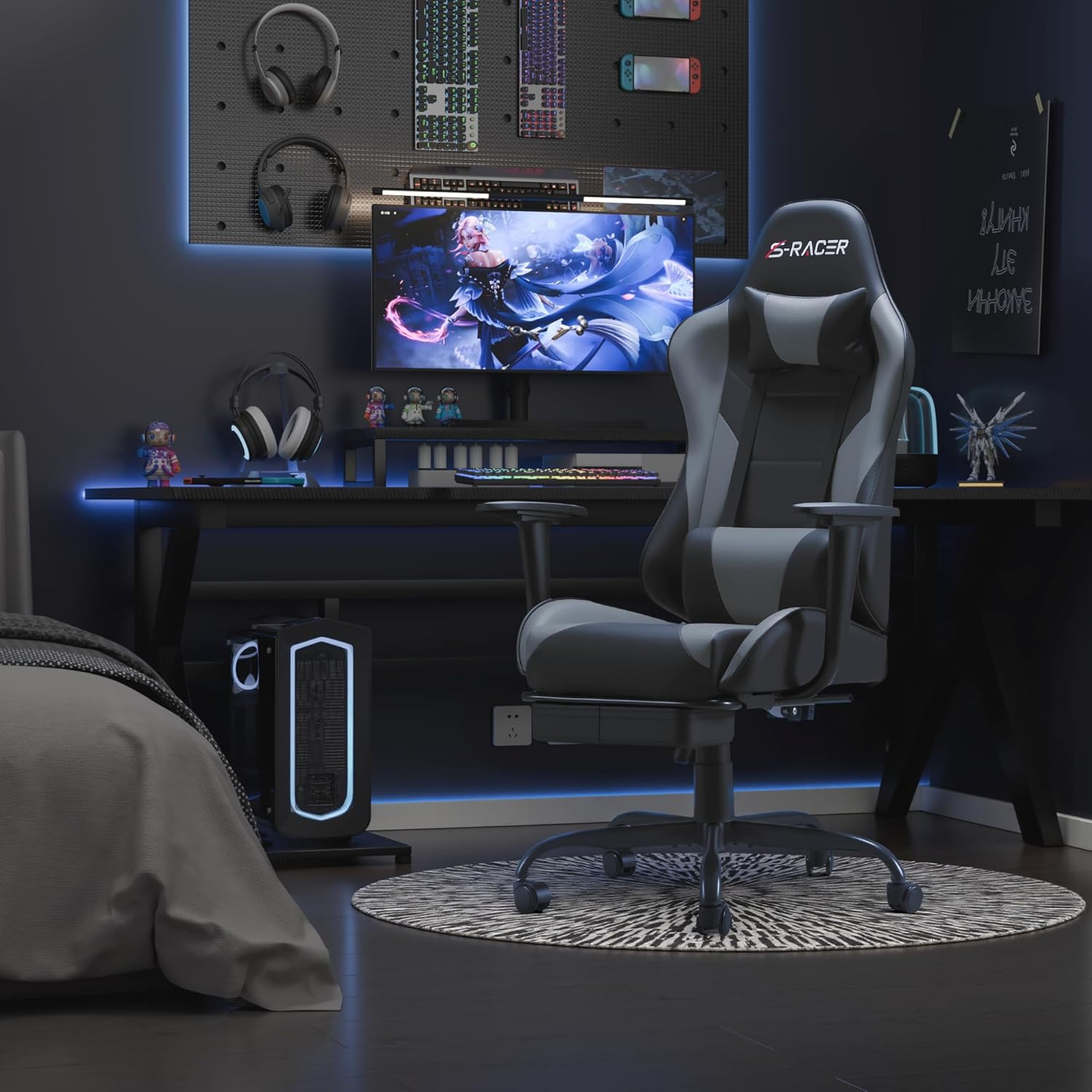 Homall Gaming Chairs, Computer Chair with Footrest and Massage Lumbar Support, Height Adjustable Game Chair with Headrest and Swivel Seat (Light Grey)