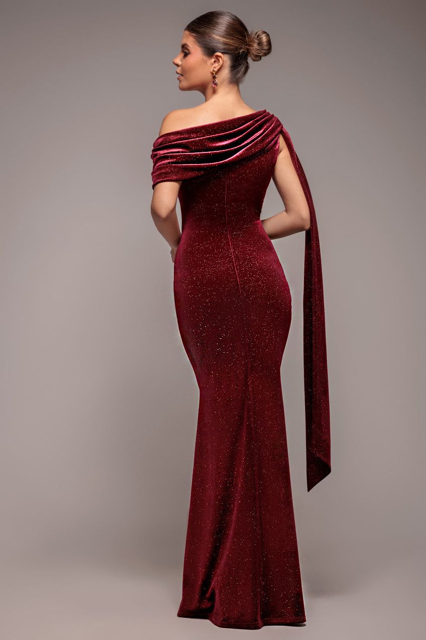 Goddiva Glitter Velvet Sash One Shoulder Bardot Maxi Dress