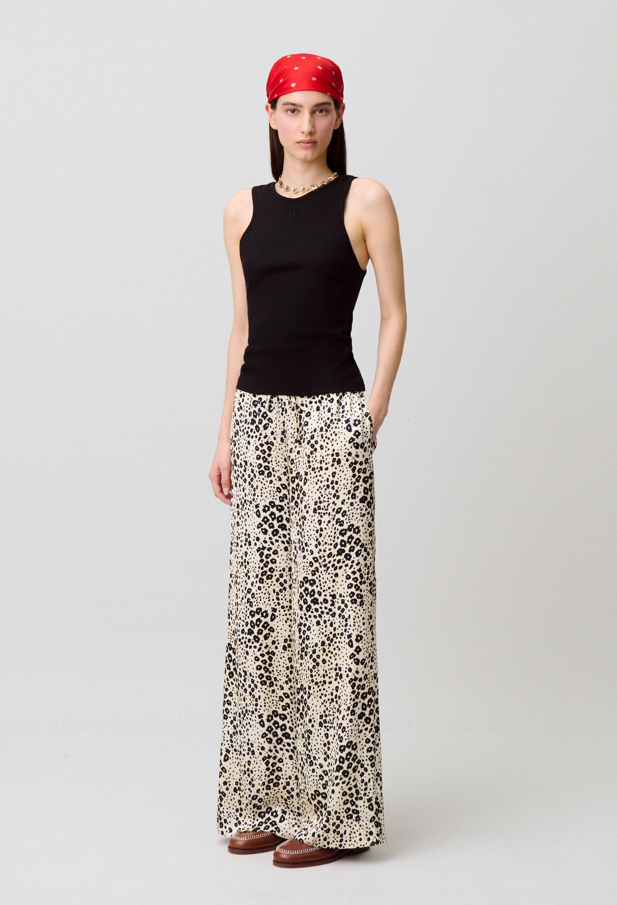 Pantalon large satin léopard