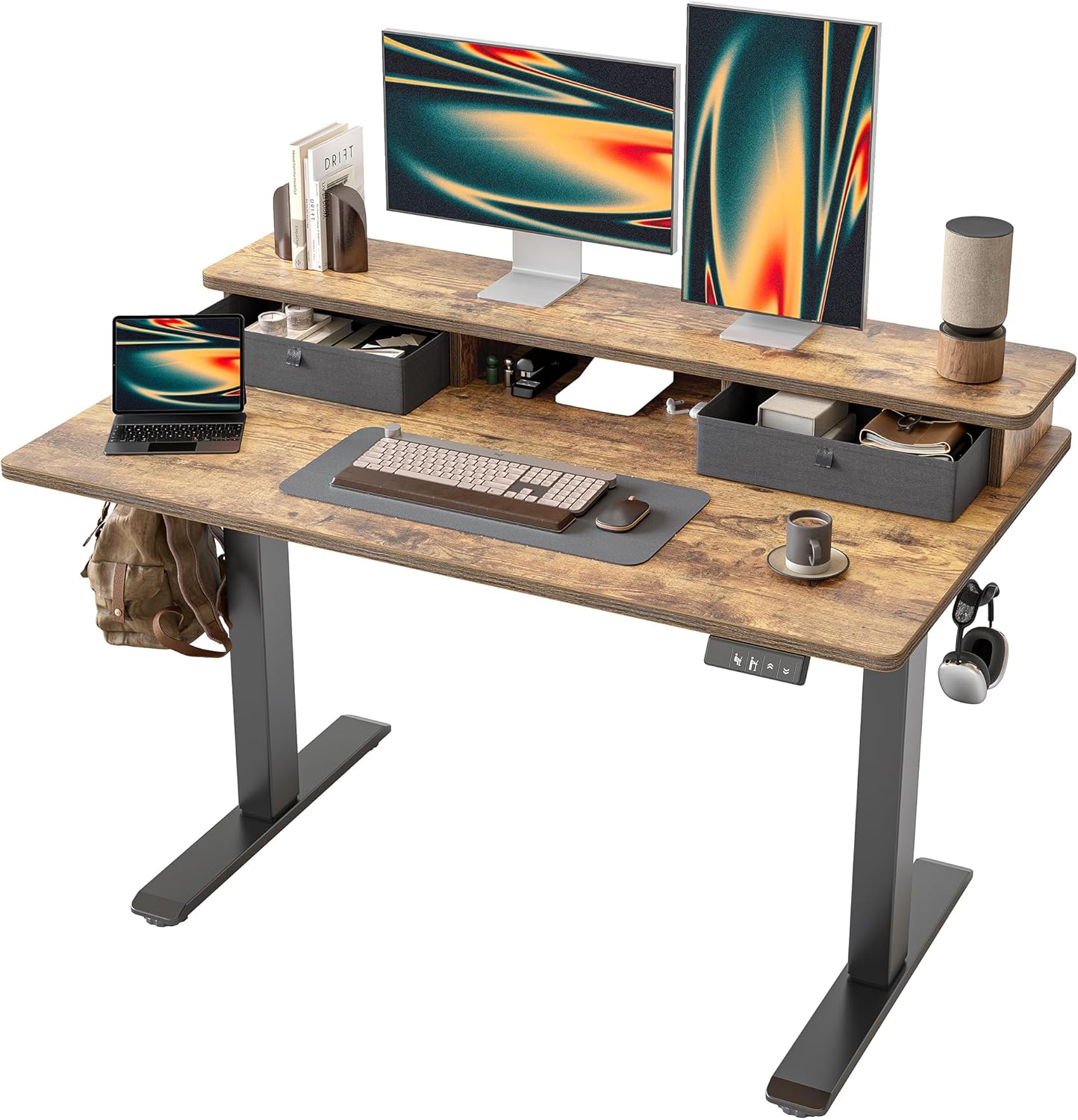 TIQLAB Standing Desk with Two Drawers, Stand Up Standing Desk Adjustable Height, Electric Sit Stand Table with Storage Shelf and Splice Board, 55 * 24 inch, Rustic Brown