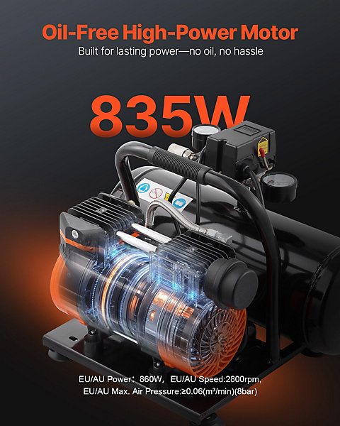Compresseur air sans huile réservoir acier 8L 860W, 2,5 CFM 8 bar, max 120 PSI.