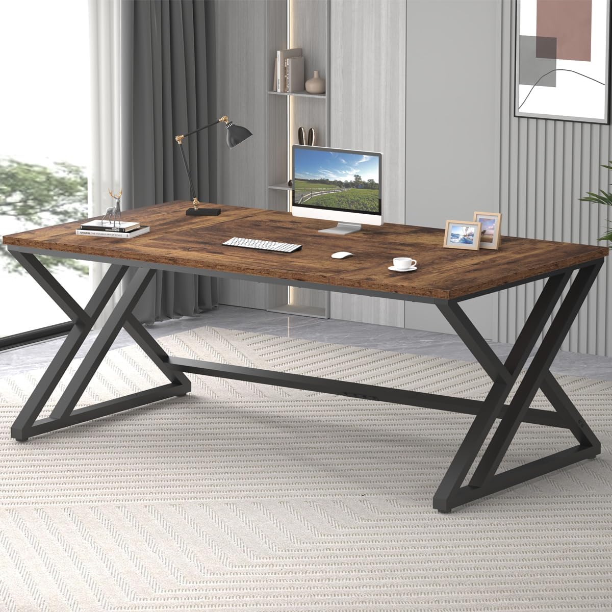 LVB 70.8 Computer Desk, Industrial Extra Long Wood Home Office Desk, Large Rustic Modern Metal Workstation Pc Study Writing table, Dual monitor Double Work Executive Desk for Two Person, Rustic Brown