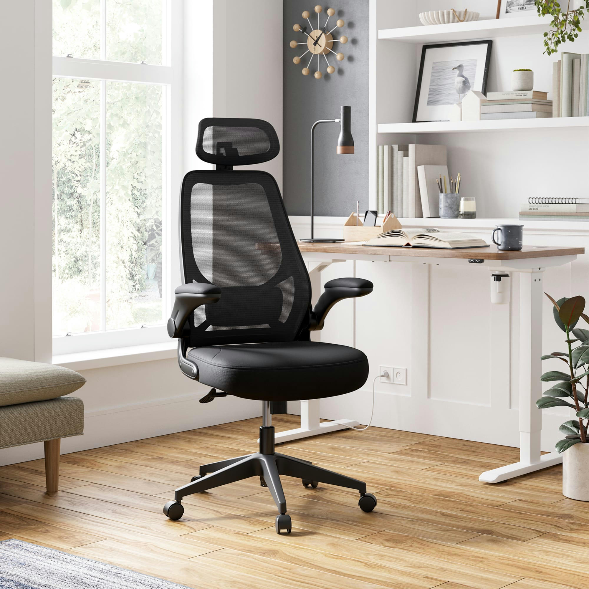 - Chaise de bureau avec appui-tête toile respirante noir