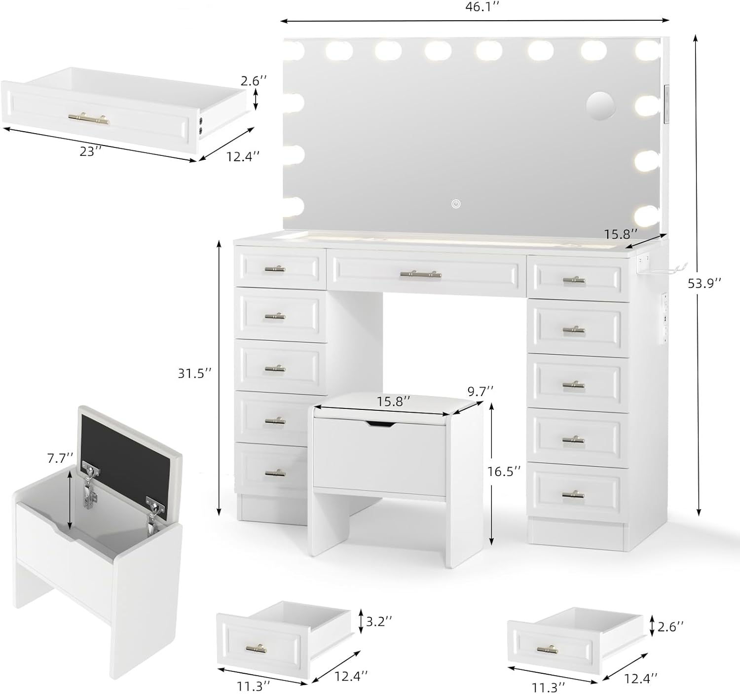 VOWNER Vanity with Lighted Mirror - Glass Top Makeup Vanity Desk w/Bluetooth Speaker, 14 Lights and 11 Drawers, 3 Color Lighting Modes Adjustable Brightness, Makeup Desk with Outlet for Bedroom, White