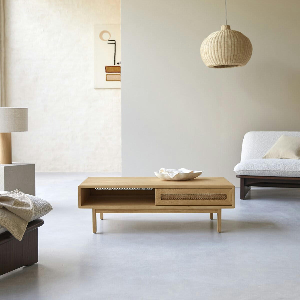 LUIS - Table basse en orme massif et cannage