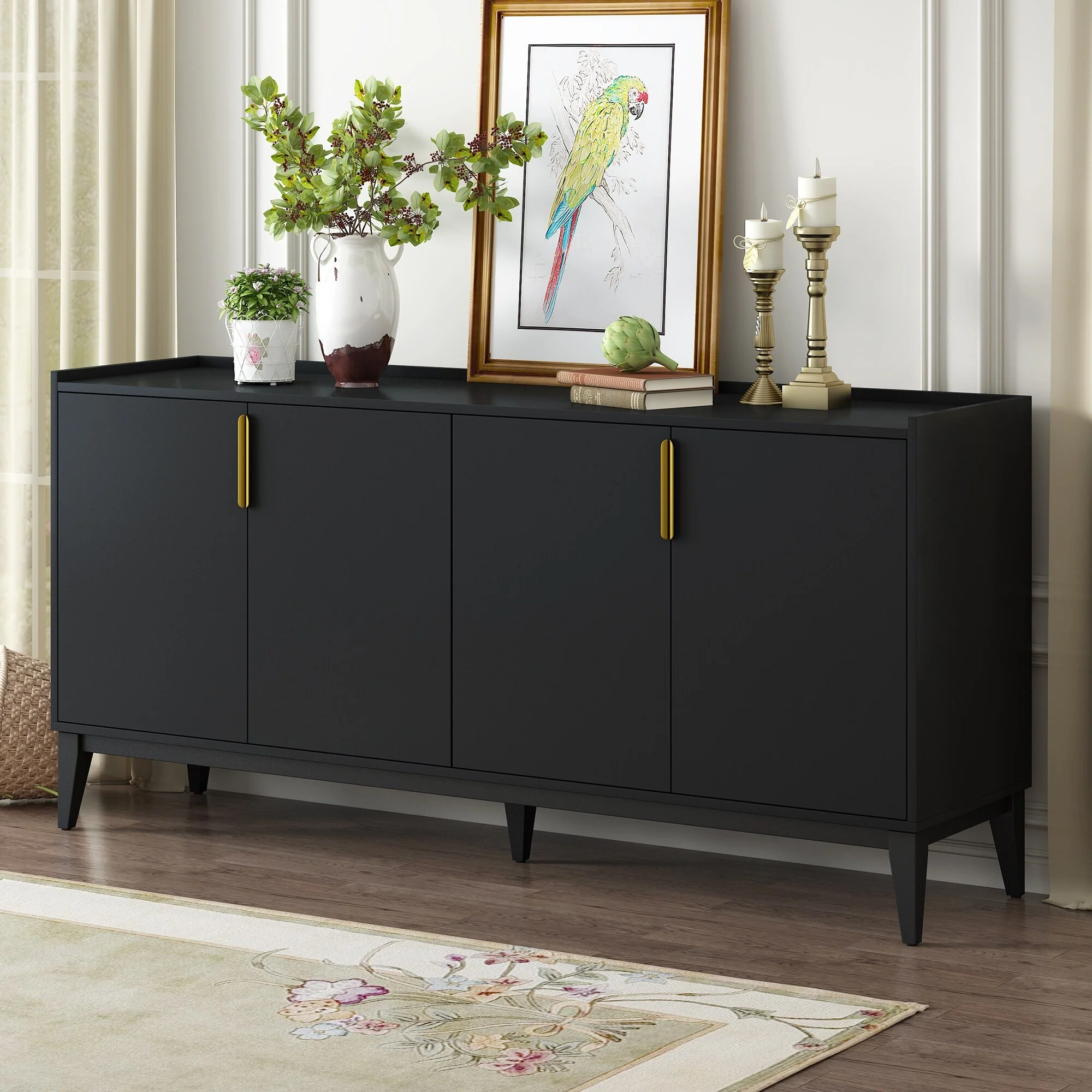 4 Doors Wooden Cabinet Sideboard with Adjustable Shelf and Aluminum Door Handle Buffet Cabinet Entryway Cabinets Black