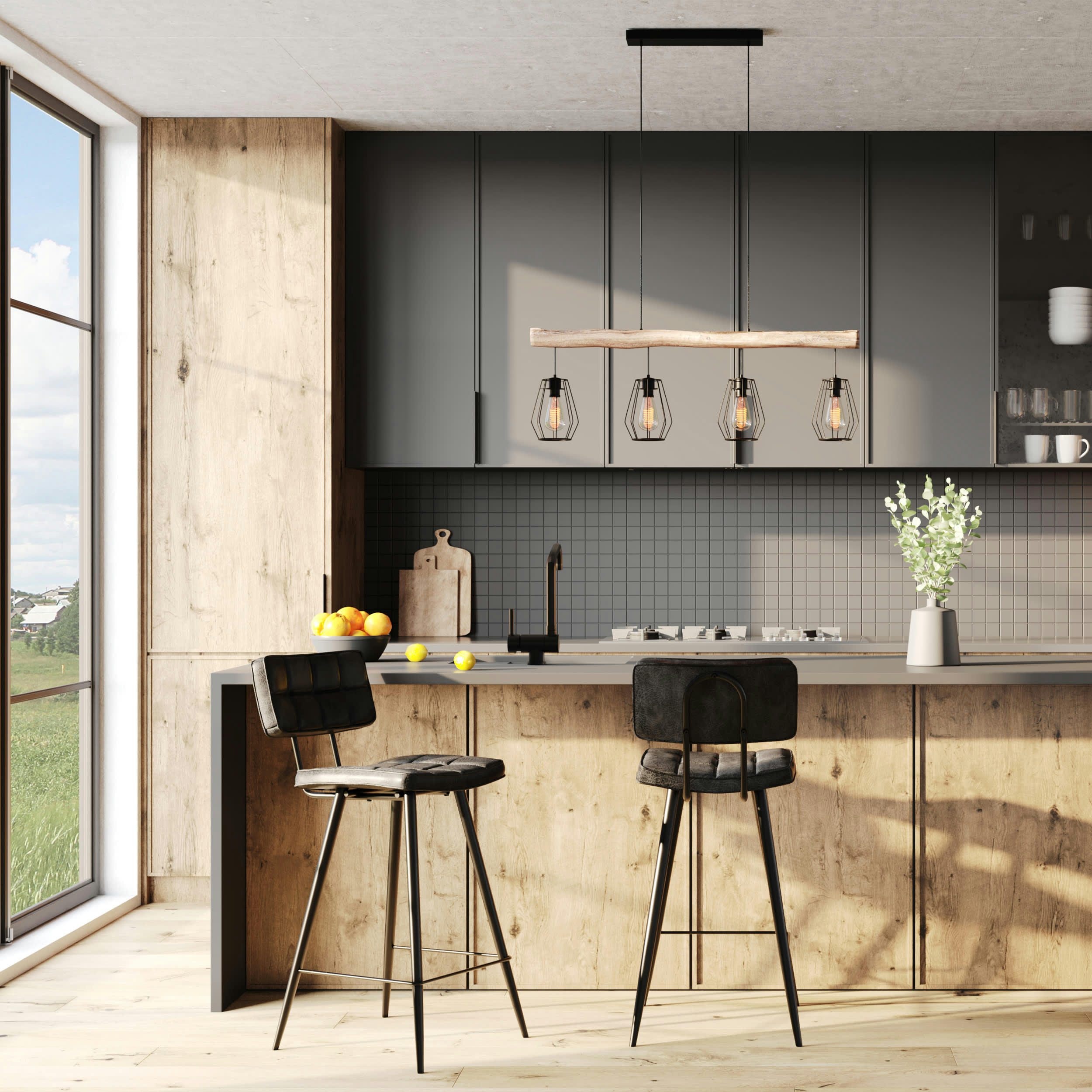 TEXAS - Chaise de bar mi-hauteur 66 cm capitonnée gris/noir (x2)