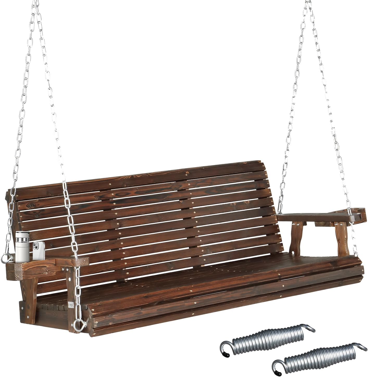 VINGLI XL Size Patio Wooden Porch Swing Outdoor with Cup Holders & Phone Slots  Heavy Duty 880 LBS Hanging Swing Chair Bench with Hanging Chains for Yard  Lawn  Garden (5 FT Pro  Rustic)
