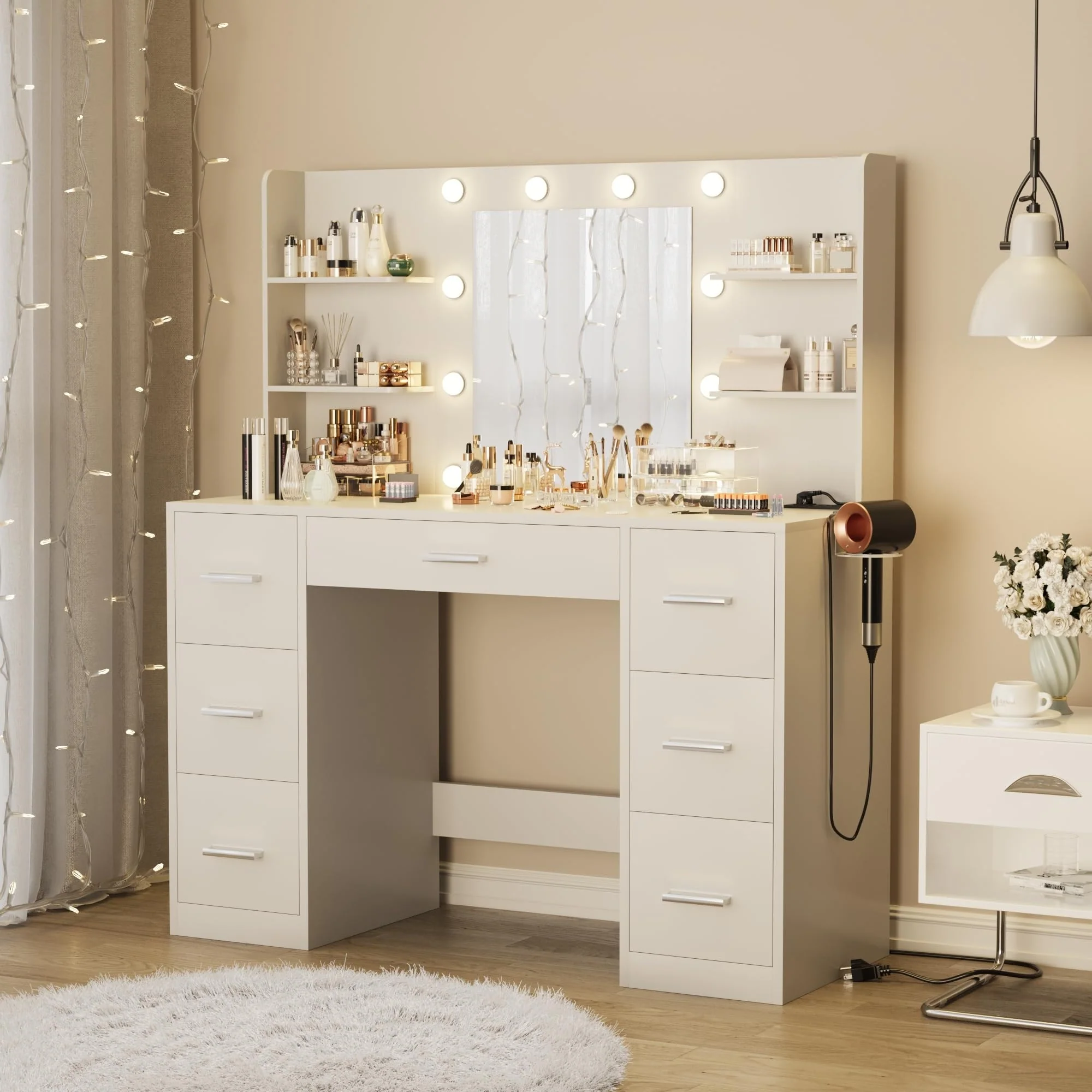 White Makeup Vanity Desk with LED Mirror Lights Power Outlet 7 Drawers 6 Shelves Dressing Table for Bedroom