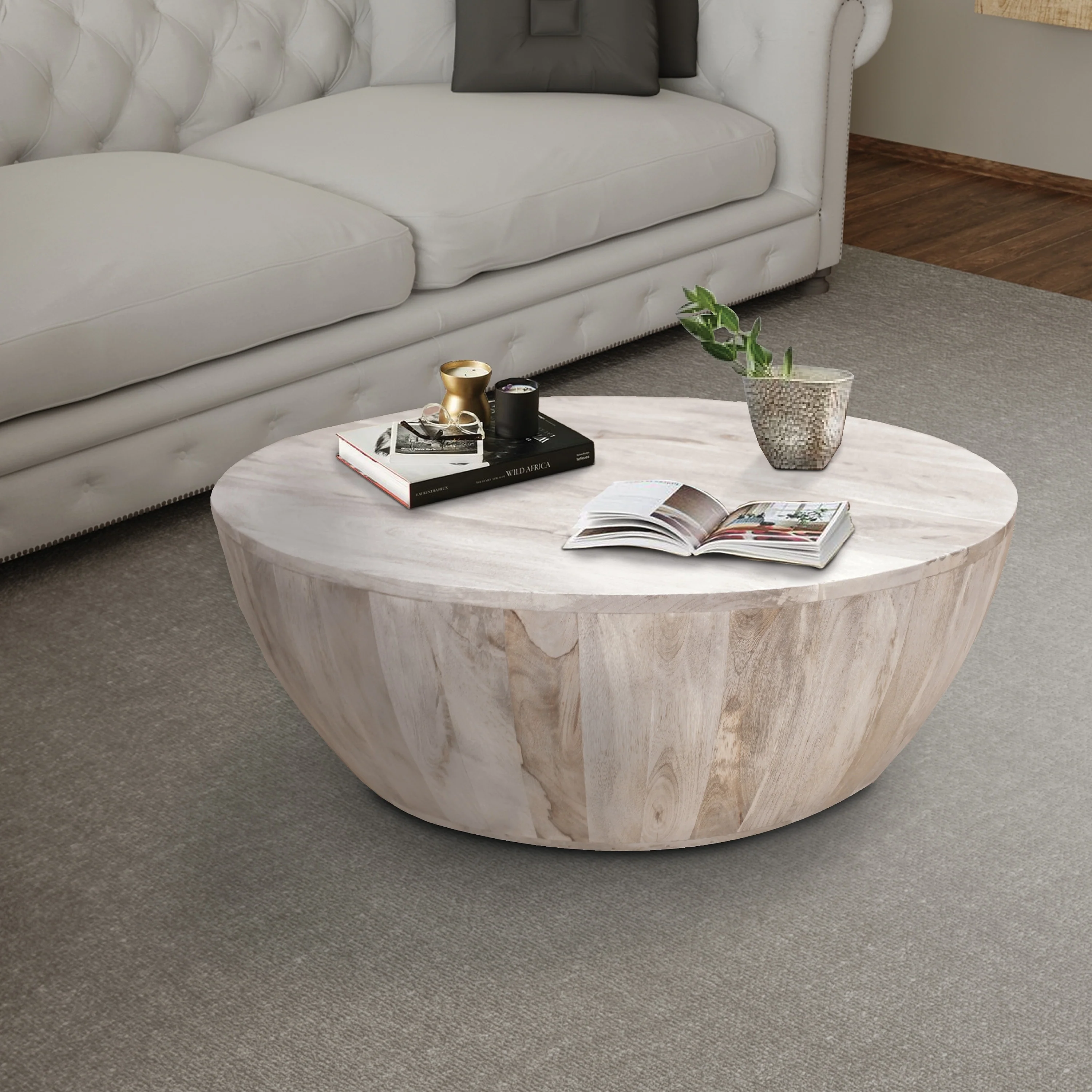 Arthur 35.5 Inch Round Mango Wood Coffee Table Subtle Grains