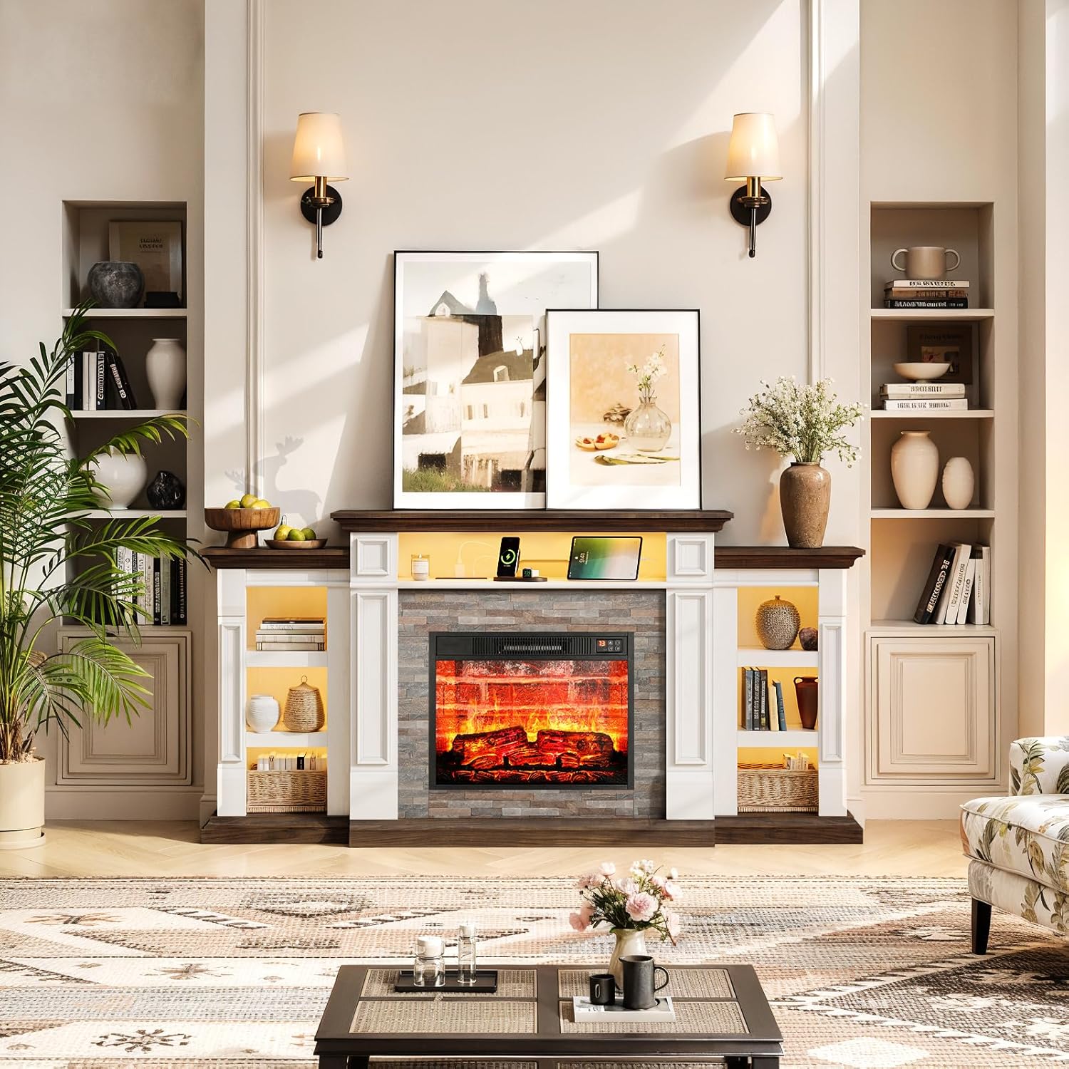 72'' Fireplace TV Stand with Outlet & LED, Electric Fireplace with Mantel, Entertainment Center with Storage for TVs Up to 80 Inch, 23'' Fireplace Heater Insert with 3D Flame Effect for Living Room
